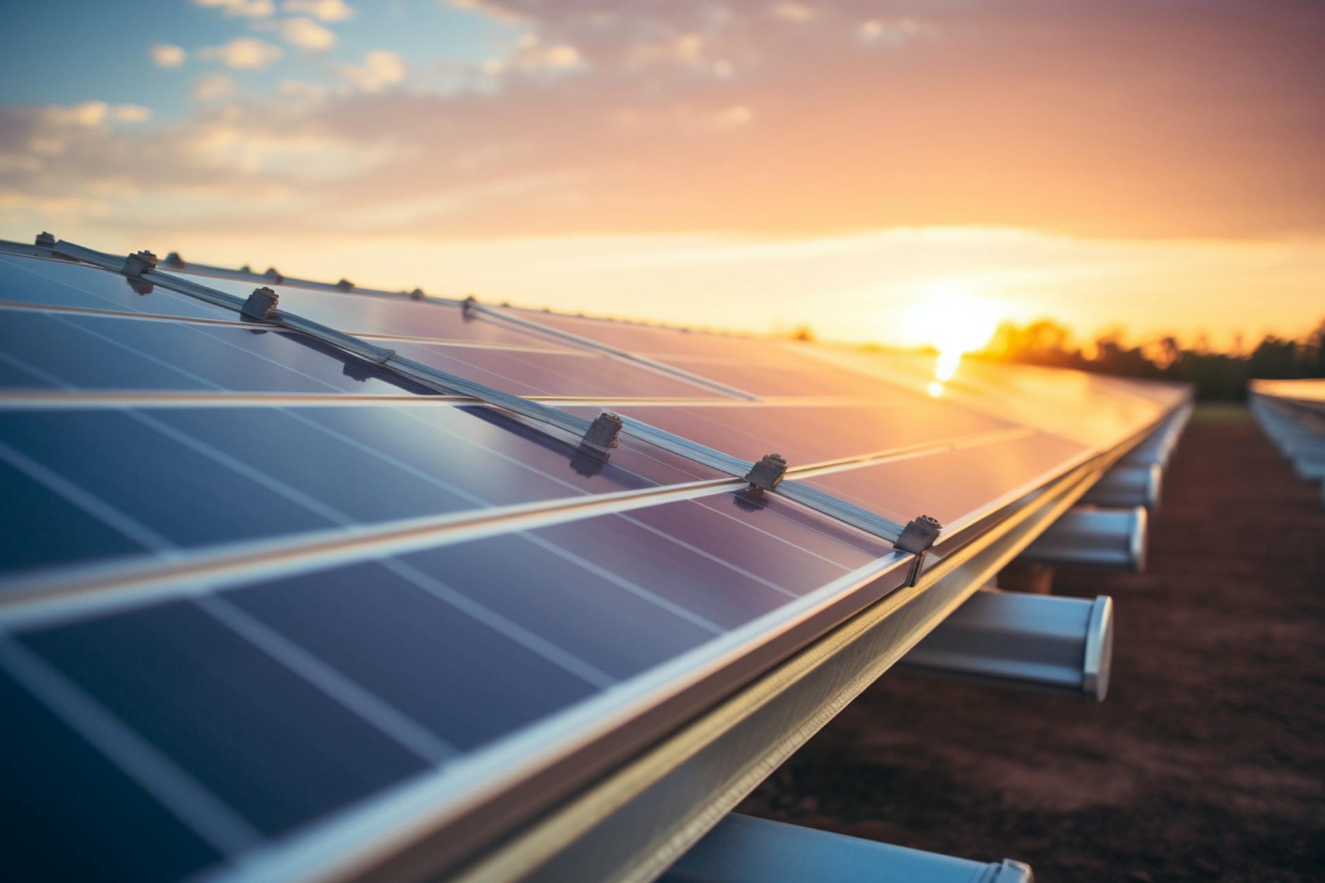 Solar panels farm eco energy at sunset views